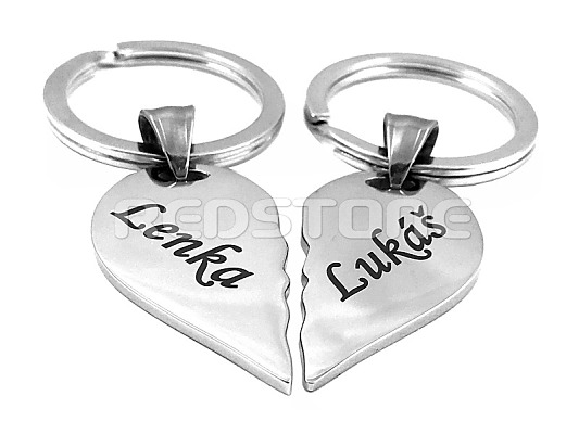 Oceľové kľúčenky pre dvoch - rozpolené srdce s menami